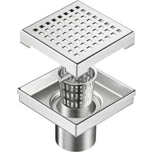 Neodrain 4-Inch Square Shower Drain with Removable Quadrato Pattern Grate, Brushed 304 Stainless Steel Square Drain for Bathroom with Hair Strainer,CUPC Certified