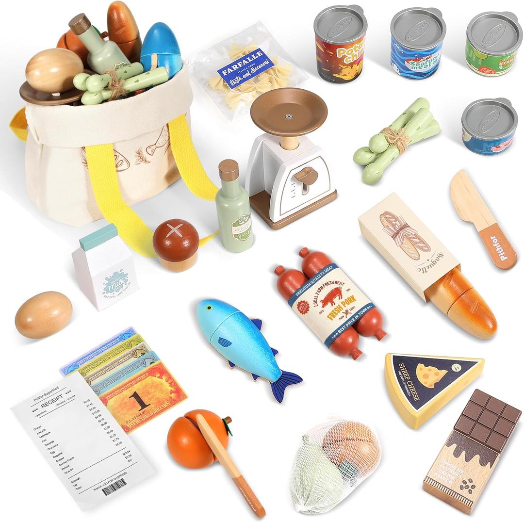 Pithfor Wooden Play Food Set for Kids Toddlers, Grocery Store Pretend Play Food, Pretend Grocery Shopping & Play Kitchen Accessories for Boys Girls