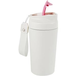 16oz Ceramic Travel Mug with Lid- 100% Real Ceramic Liner (No Coating), Heat-Resistant Outer Wall, Leak-Proof Lid with Detachable Strap, Fits Car Cup Holder (White - Pink)