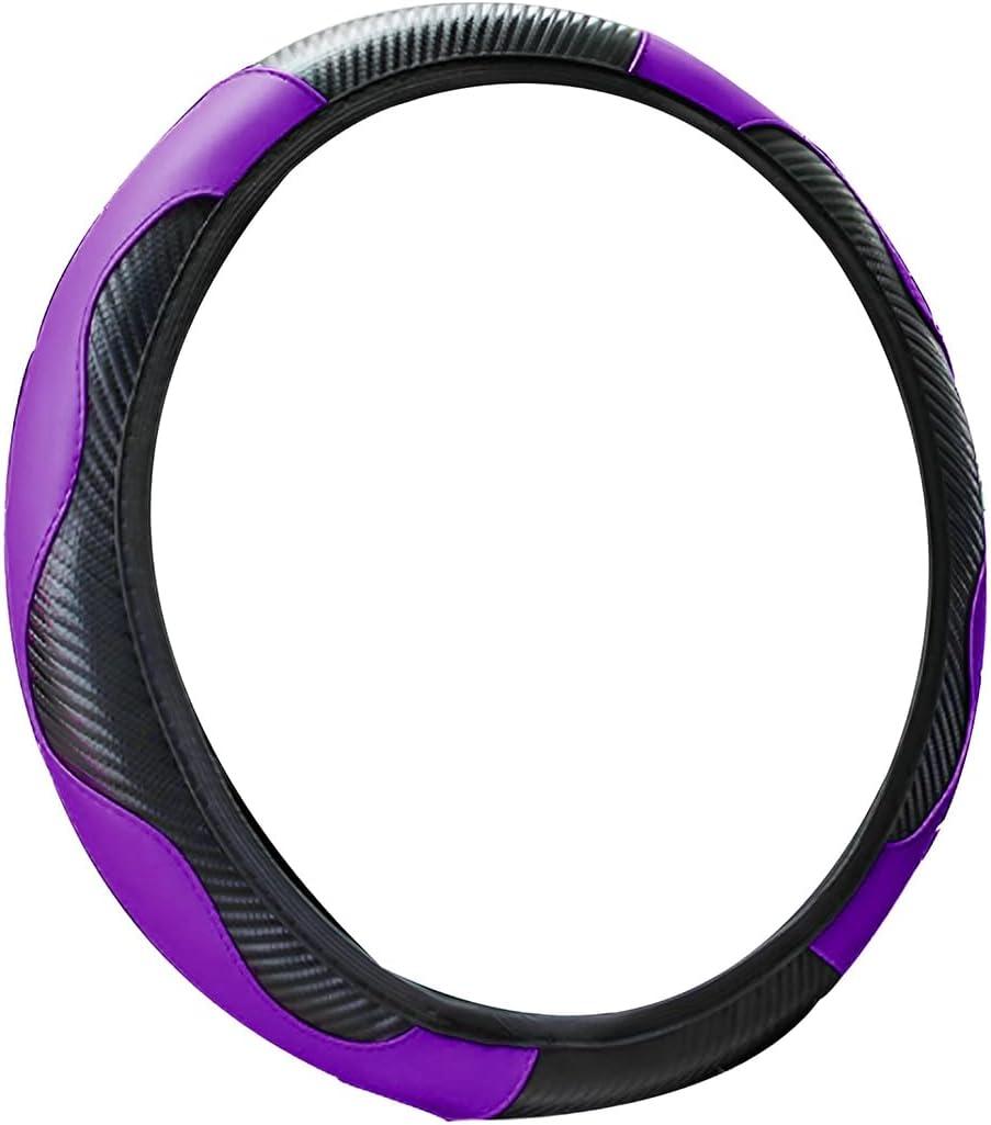 Car Steering Wheel Cover, Universal Microfiber PU Leather Elastic 15 inch Stitching Color Anti-Slip Steering Wheel Protector, Car Interior Protection Accessories for Men Women (Black/Purple)