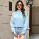 Neweek Womens Satin Blouses Long Sleeve Mock Neck Elegant Pleated Silk Shirts Tops for Business Casual Work (M)