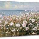Beach Flowers Large Canvas Wall Art, 3d Textured Landscape Wildflowers Painting, Coastal Floral Artwork, Meadow with Flowers Picture Print for Bedroom Living Room Office Farmhouse Decor, 20"x40"