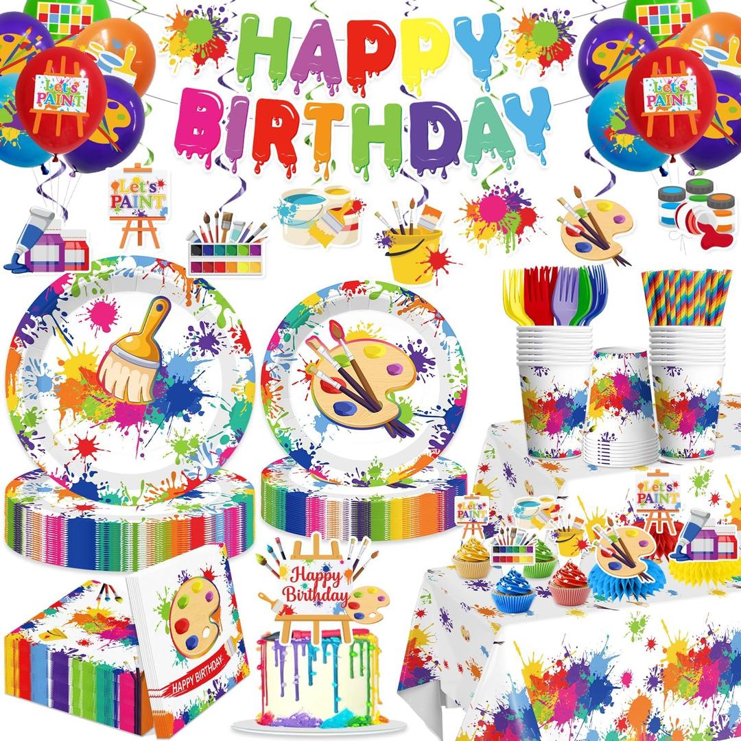 200pcs Paint Party Decorations for Kids and Art Lovers, Convenient Disposable Paper Tableware Set Includes 300gsm Plates and 2 PE Plastic Tablecloths for Paint Party and Celebration