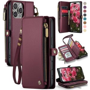 Defencase Compatible with iPhone 16 Pro Max Case Wallet with RFID Blocking Card Holder for Woman Men, PU Leather Magnetic Snap Flip Zipper Strap Phone Case for iPhone 16 Pro Max 6.9", Burgundy