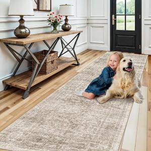Washable Runner Rug: 10ft Runners for Hallways Soft Non Slip Kitchen Rugs | Vintage Floral Rug for Bedroom Bathroom Entryway Living Room Laundry Room - Brown Beige Rug Thin Stain Resistant Easy Clean