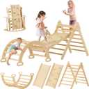 Tiny Land Pikler Triangle Set, 7-in-1 Foldable Pikler Triangle Climbing Toys Set for Kids,Baby Indoor Playground Jungle Gym, Wooden Montessori Climbing Set for Toddler (Natural)