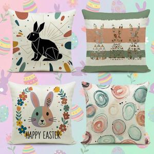 Easter Pillow Covers 18x18 Set of 4, Abstract Boho Throw Pillow Covers, 18x18 inch Happy Easter Bunny & Eggs Square Pillow Covers Throw Cushion Case Decoration for Sofa Bed Couch Outdoor (4PCS)