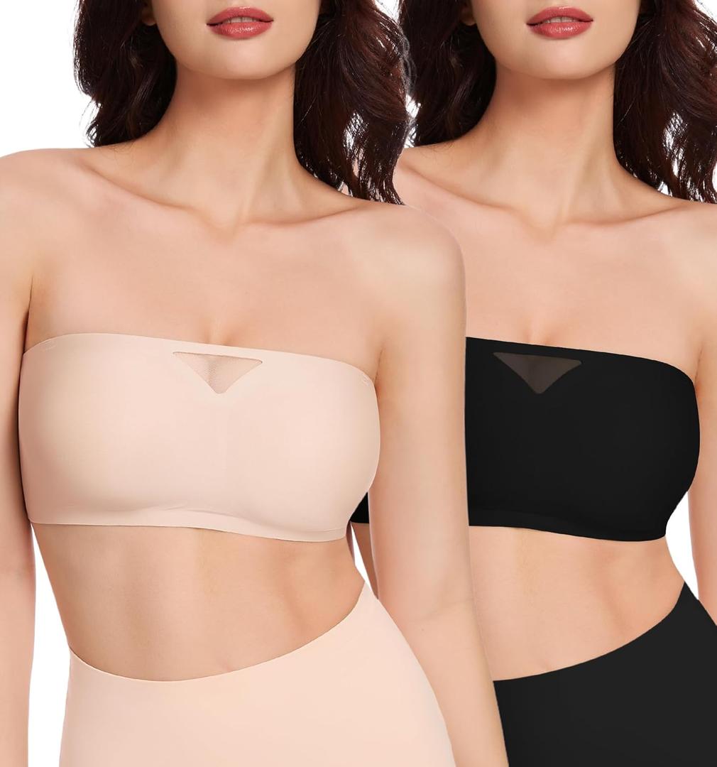 HBselect Strapless Bras for Women Seamless Non-Slip Silicone Padded Bandeau Bra Comfort Wireless Tube Top Bralette (Large, Nude+black)