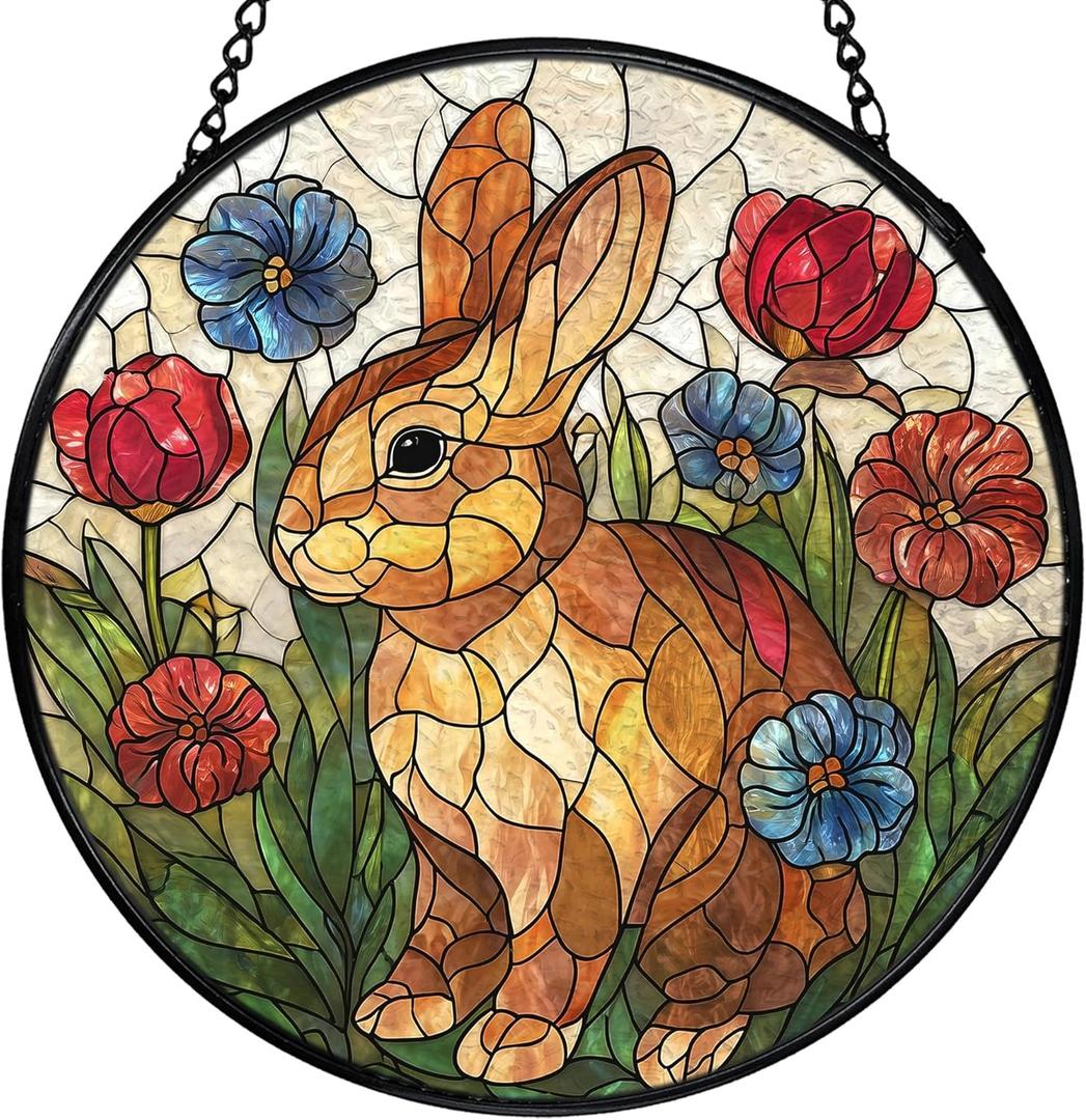 Easter Bunny Flower Stained Glass Window Hanging, Bunny Rabbit Floral Sun Catchers Indoor Window Round Glass Wall Art Decor, Easter Rabbit Suncatcher Wall Hanging Decorations, 7.9x7.9 inch