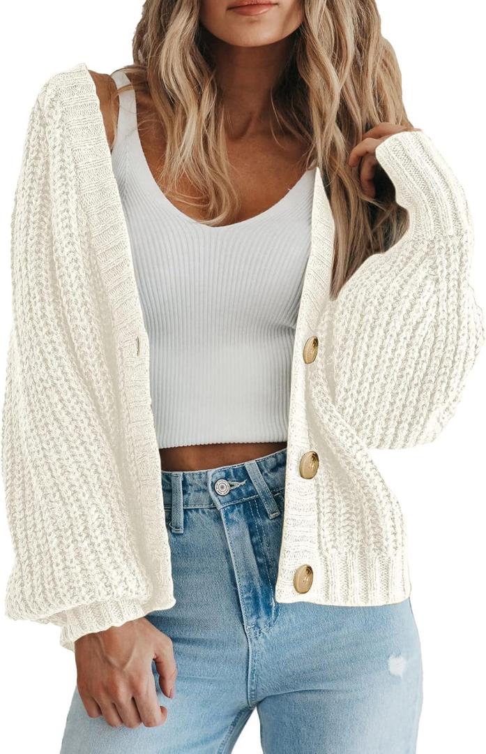 PRETTYGARDEN Women's Chunky Knit Open Front Sweater Long Sleeve Button Loose Short Cardigan Outerwear Coats (Medium, White)
