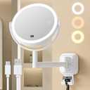 Gospire No Drilling Wall Mounted Lighted Makeup Mirror with Magnification 10X, 7 Inch Rechargeable Magnifying Vanity Mirror with Hooks, LED Display & 3 Light Modes for Bathroom