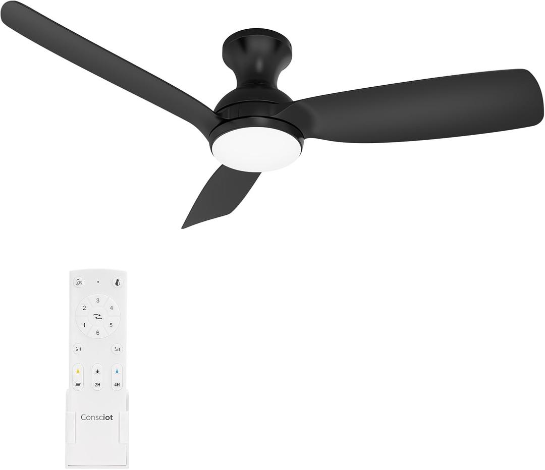 Consciot Ceiling Fan With Light, 44 Inch Low Profile Ceiling Fan with remote control, 6-speed choice, Reversible DC motor, 3CCT, Dimmable, Whisper, Easy Install, For Indoor and Covered Outdoor (black)