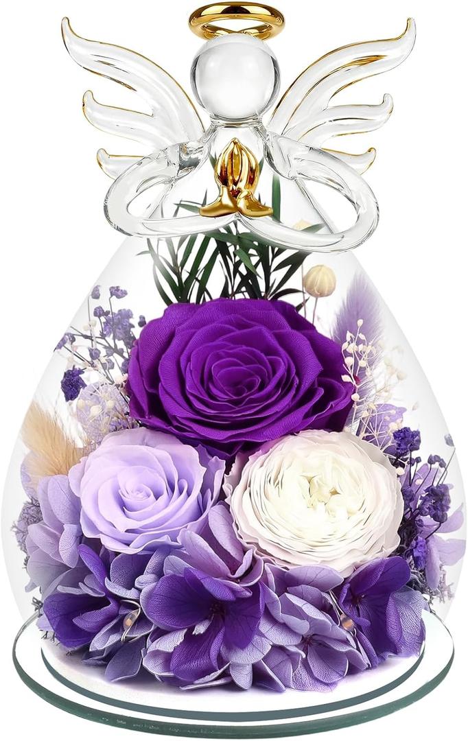Gifts for Women Preserved Rose Forever Flower Eternal Roses in Glass Angel Figurines Fresh Flowers for Delivery Prime Mothers Day Birthday Gift for Mom Her Wife Grandma on Valentines Day Anniversary (Purple)