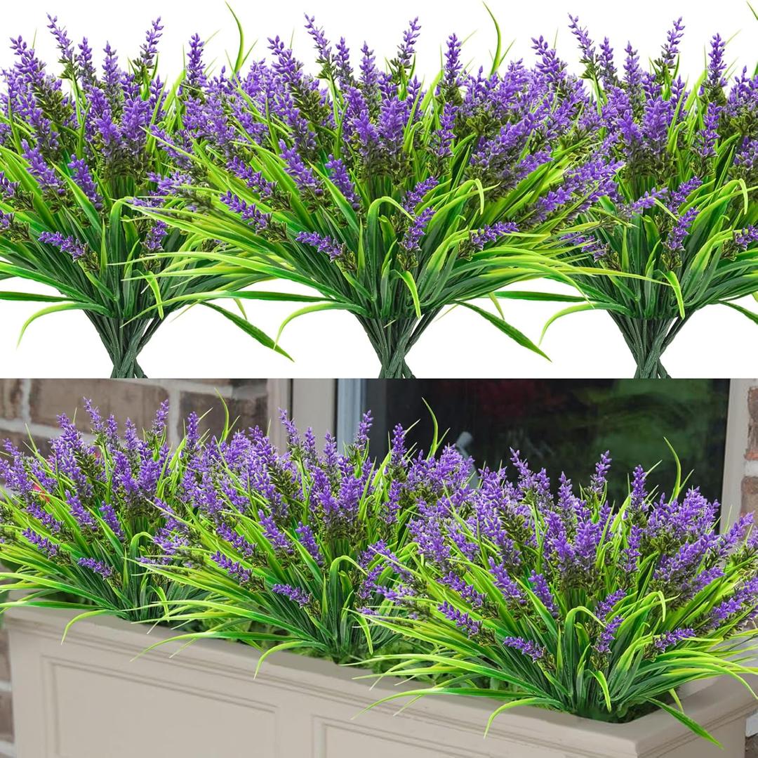 Agusbagli 24 Bundles Artificial Grass Fake Plants, Outdoor Fake Monkey Grass Greenery UV Resistant Faux Plastic Shrubs Arrangement for Patio Garden Porch Home Window Hanging Planter Decor - Purple