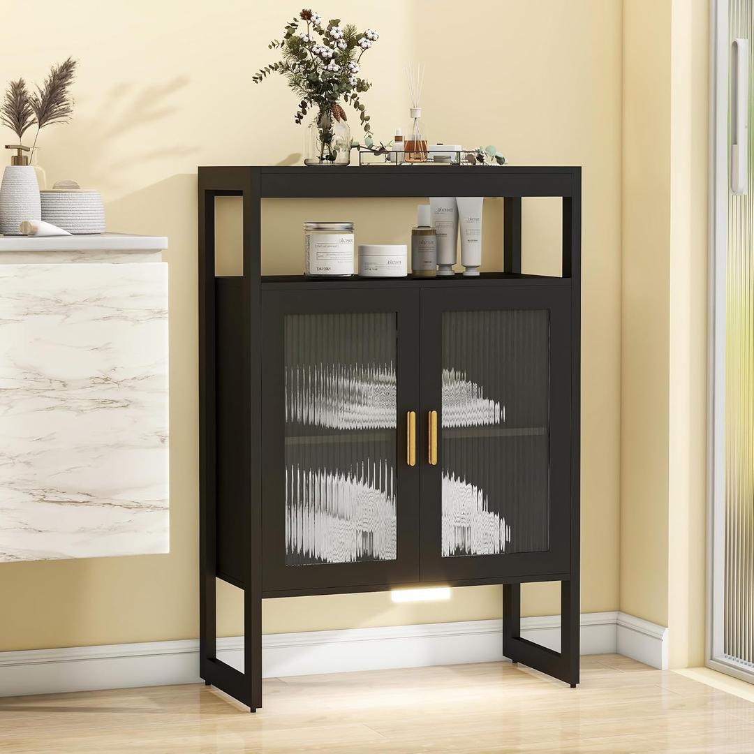 Bathroom Floor Storage Cabinet Freestanding Organizer with Sensor Light & Acrylic Doors for Bathroom, Home Office, Bedside, Sofa Side Table (Black 2 Doors)