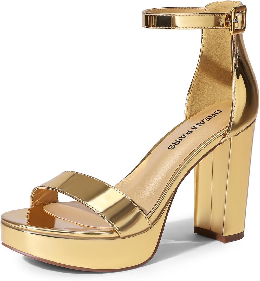 DREAM PAIRS Women's Platform Chunky High Heeled Sandals Open Toe Block Heels Ankle Strap Dress Shoes for Wedding Party Evening (7.5, Gold-Pat)