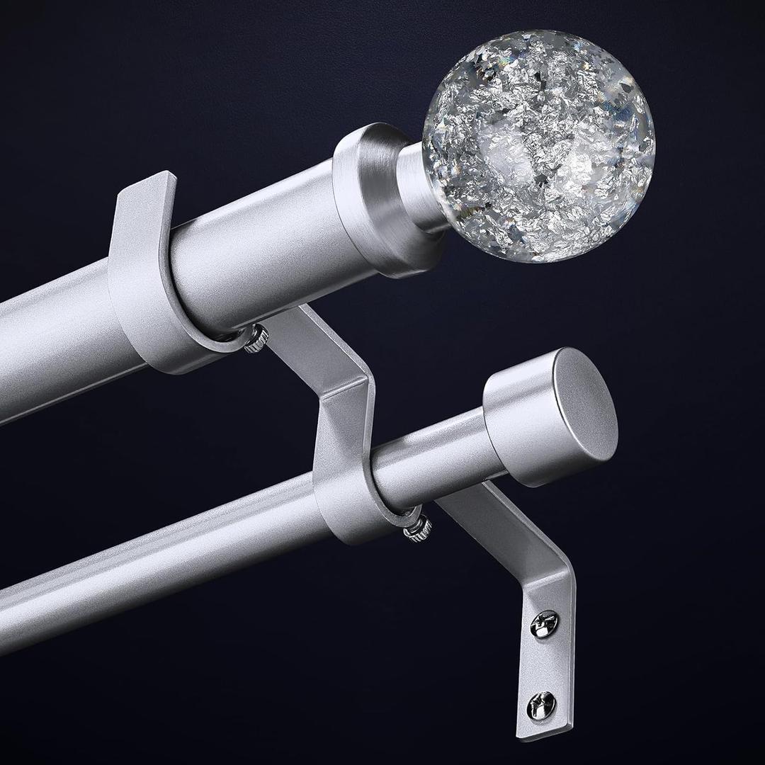 Silver Double Curtain Rods for Windows 72 to 144 Inch, Extra Long Dual Curtain Rod with Decorative Crystal Silver Foil Finial, 1" Adjustable Heavy Duty Vintage Spliced Window Treatment Rods