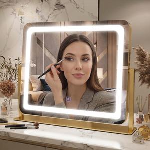 Vanity Mirror with Lights, 17''x22'' Lighted Makeup Mirror, LED Makeup Mirror, Dimmable, Smart Touch with 3-Color Lighting Modes, for Bedroom Tabletop - Gold