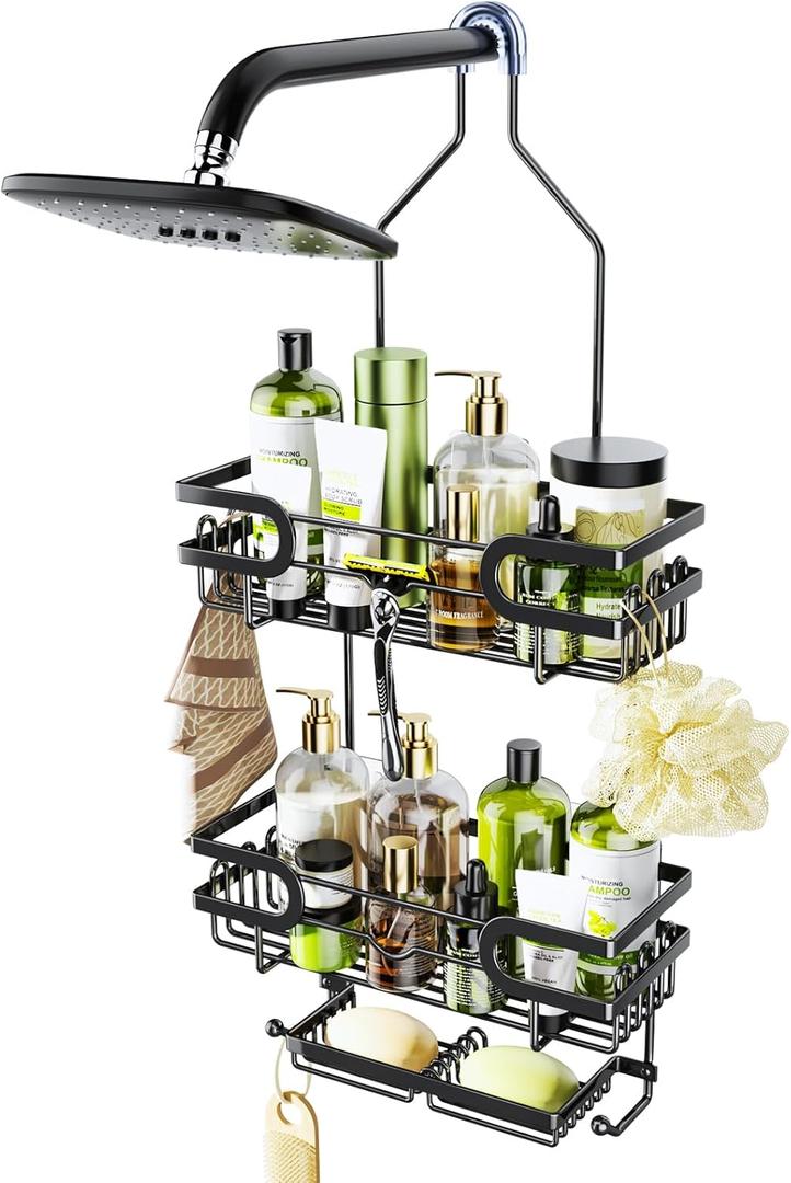 HapiRm Bathroom Hanging Shower Caddy - Rustproof & Waterproof Shower Shelf with 12 Hooks and 2 Soap Holders, No Drilling Bathroom Organizers and Storage - Black