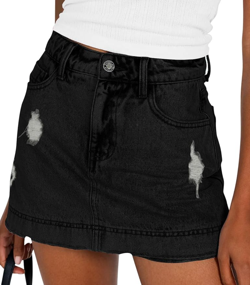 BISUAL Denim Skort for Women High Waist Ripped Mini Denim Skirt Casual Distressed Stretch Women Jean Skirt, Size XL, Black 