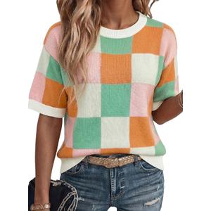Dokotoo Women's Sweaters Casual Creweck Short Sleeve Cotton Kint Summer Pullover Sweater Tops (S)