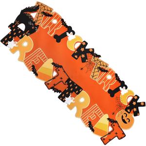 Halloween Table Runner Embroidered Spooky Orange Black Cat 54 Inches Long Ghost Spider Web Pumpkin Coffee Dining Table Runner for Party Holiday