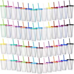 Hsei Clear Plastic Tumbler with Straw and Lid Bulk Water Bottle Iced Coffee Travel Mug Cup with Lid and Straw Reusable Plastic Cups for Christmas Water Smoothie Party Birthday(56 Pack,24 oz, 16 oz)