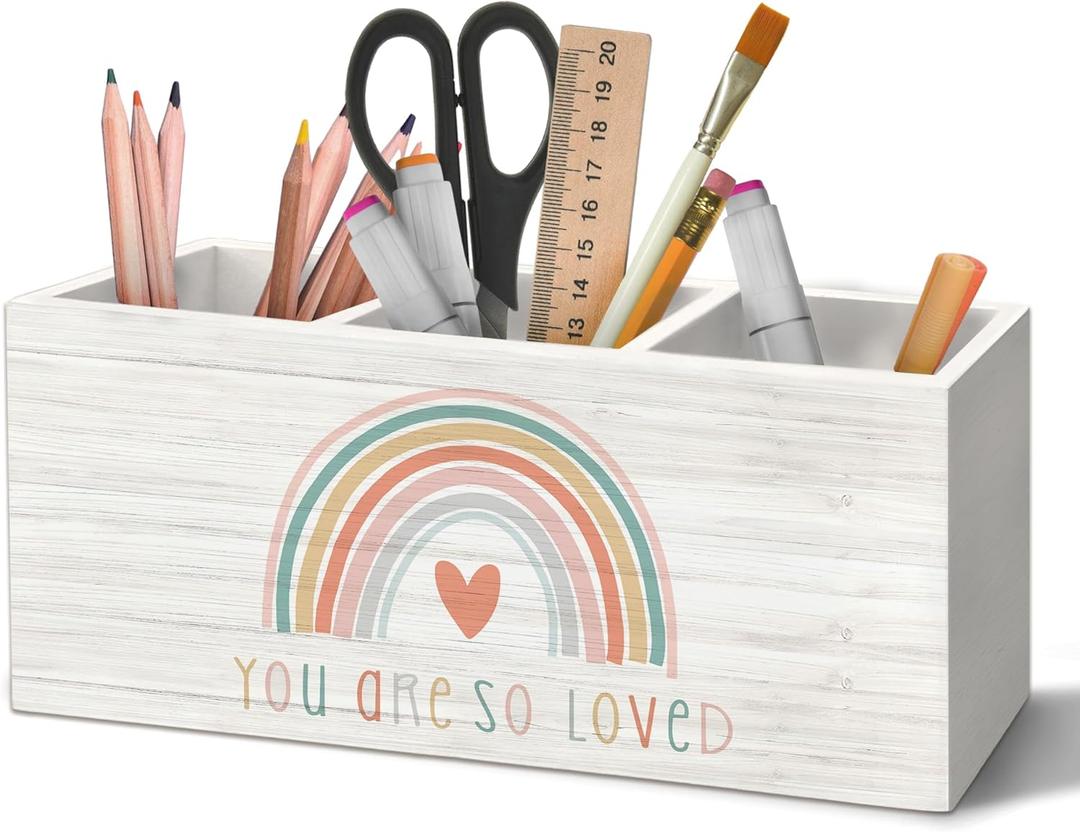 You Are So Loved Rainbow Pen Holder Organizer for Desk Accessories, Inspirational Wooden Box Desk Decorations for School Kids Room Bedroom Classroom Decor, Rainbow Classroom Decor