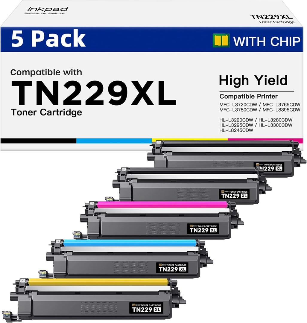 TN229XL TN229 Compatible Toner Cartridge 5 Pack Replacement for Brother TN229XL TN-229XL TN-229 Toner Cartridges to Work for MFC-L3720CDW MFC-L3780CDW HL-L3220CDW HL-3280CDW HL-L3300CDW Printers