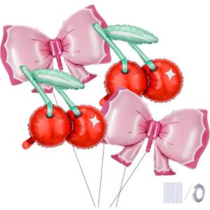 4-Pack Pink Bow Red Cherry Theme Balloon Set, Suitable for Cherry Birthday Decorations, Cherry Party Decorations, Baby Shower Decorations