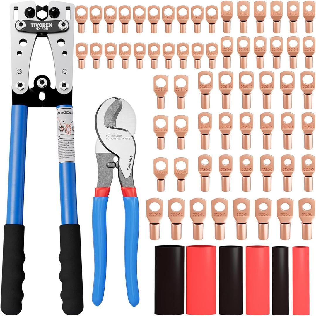 Battery Cable Lug Crimping Tool for AWG 10-1/0 Electrical Lug, with Cable Cutter 64pcs Ring Terminals and 70pcs Heat Shrink Tubing