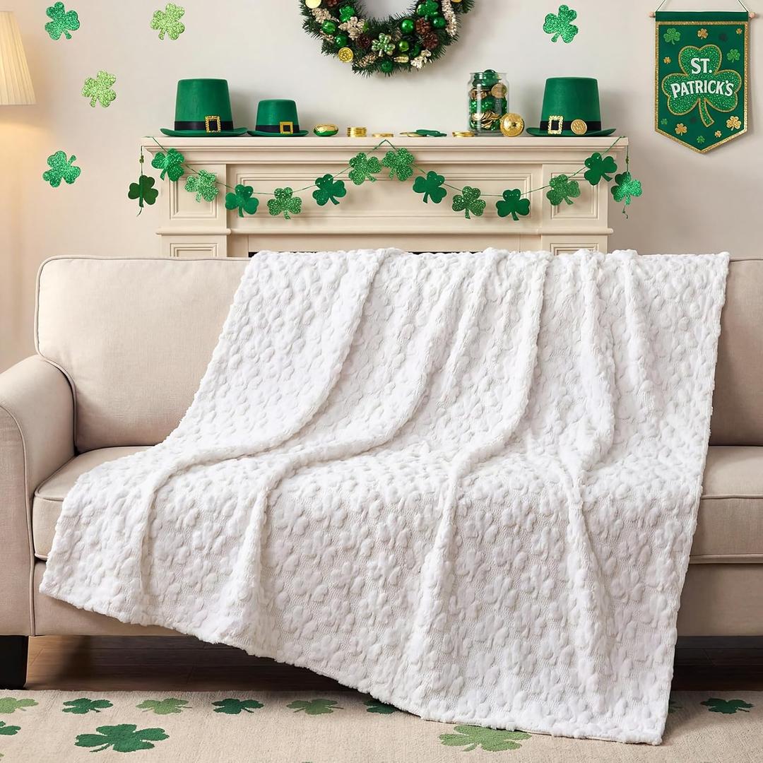 Moukeren St. Patrick's Day Shamrock Throw Blanket 50"x60" - Cozy 3D Jacquard Design, Soft Warm White Irish Blanket for Bed, Sofa, Living Room, Home Decor