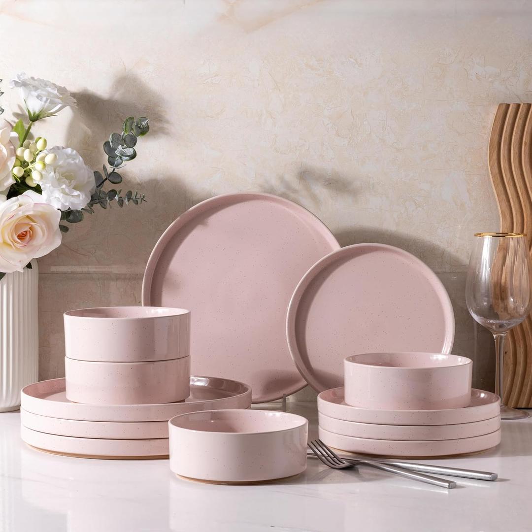 Ceramic Dinnerware Set for 4 | Speckled Stoneware Plates and Bowls with unglazed terracotta | Scratch Resistant, Dishwasher & Microwave Safe Dishes Sets- 12-Pcs Pink
