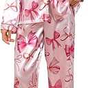 Women's 2 Piece Bowknot Print Satin Pajama Set Long Sleeve Button Down Lounge Pants Sleepwear Sets M