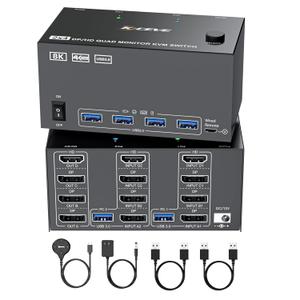 KVM Switch 4 Monitors 2 Computers 8K@60Hz/4K@120Hz, HDMI DP KVM Switches for 2 PC Sharing Quad Monitor and Keyboard Mouse with Power Adapter, Wired Extend Controller and USB Cables, Input 3 DP+1 HD