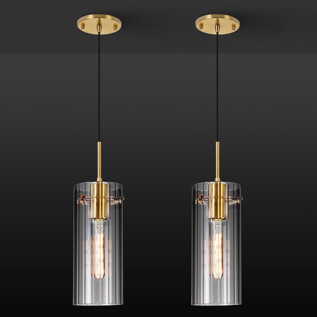 Gold Pendant Light Fixtures, 2 Pack Modern Pendant Lighting with Clear Striped Glass Shade, Hanging Pendant Lights Kitchen Island, Farmhouse Pendant Lighting for Dining Room Bedroom Bathroom