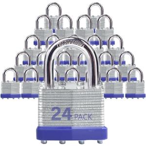 Keyed Alike Laminated Steel Padlocks, Standard Shackle, for Hasp, Shed, Fence, Storage Locker, School, Gym (24 Pack)