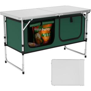 Camping Table, Folding Camping Table with Storage, Lightweight & Portable, 3 Heights Adjustable Folding Table for BBQ, Camping, Picnic and Indoor Use, Green