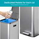 Home Zone Living 16 Gallon Kitchen Trash Can with Dual Compartments for Recycling, Stainless Steel, Silver, 60 Liters Total