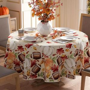 XCHI Fall Pumpkin Football Maple Leaves Tablecloth Round Washable Table Covers for Home Party Decorations 70x70 Inch