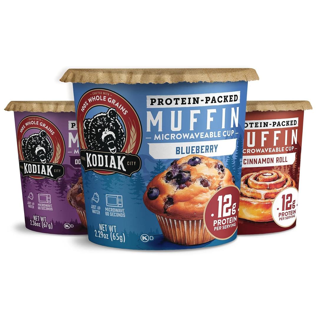 Kodiak Cakes Minute Muffin Cup Variety Pack - 100% Whole Grains, Double Dark Chocolate, Blueberry & Cinnamon Roll, 2.36 oz (Pack of 12)