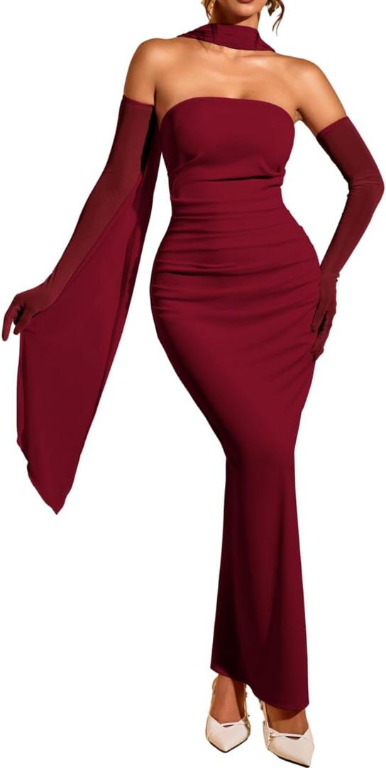 ChiaoLezhee Women's Bodycon Dress with Scarf & Gloves, Tube Ruched Slit Maxi Elegant Dress Set for Evening Party (Red, L)