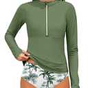 Girls Bathing Suits Size 8-10 Half-Zip Long Sleeve Modest Teen Girl Rash Guard Swimsuit with Chest Padding Two Piece Swimwear Set UPF 50+ Green Leaf, 9-10Y