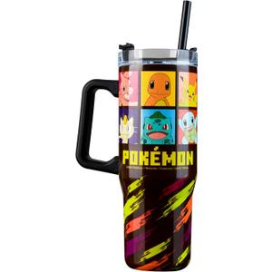 Pokemon Insulated Tumbler Travel Mug 33oz Stainless Steel Pikachu Anime Water Bottle with Handle and Straw Thermal Double Wall Vacuum Insulation Drinks for Hot Cold Ice Cupholder Compatible