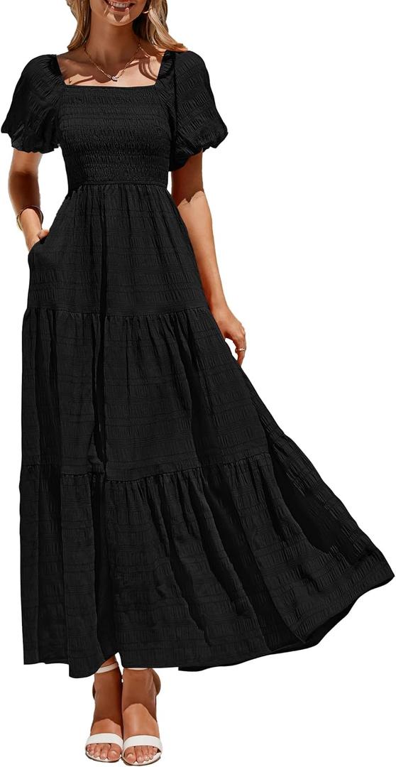 PRETTYGARDEN Womens Summer Puff Short Sleeve Maxi Dress Square Neck Smocked Tiered Ruffle A Line Long Flowy Beach Dresses (Black, Large)