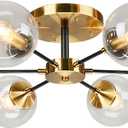 KCO Lighting Mid Century Modern Gold Ceiling Lighting Fixture 6-Light Black Metal Flush Mount Ceiling Lights Brushed Brass Clear Globe Bubble Ceiling Light Fixture Farmhouse Sputnik Chandelier, 26.8"W × 8.7"H