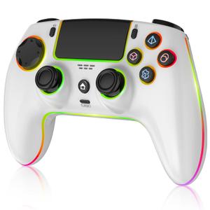 MYSTILUCK Wireless Controller Compatible with PS-5/Pro/PC/MAC/iOS/Android10/Steam Deck, Gamepad with 7 Colors RGB Lighting/Dual Vibration/Turbo/6 Axis Gyro Sensor/Headset Jack/1500 mAh Battery, White