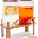 2 PACK 1 Gallon Glass Beverage Dispenser with Wooden Stand, Drink Dispenser with Stainless Steel Leak-Proof Spigot, Juice & Lemonade Dispenser for Iced Tea, Parties, Weddings