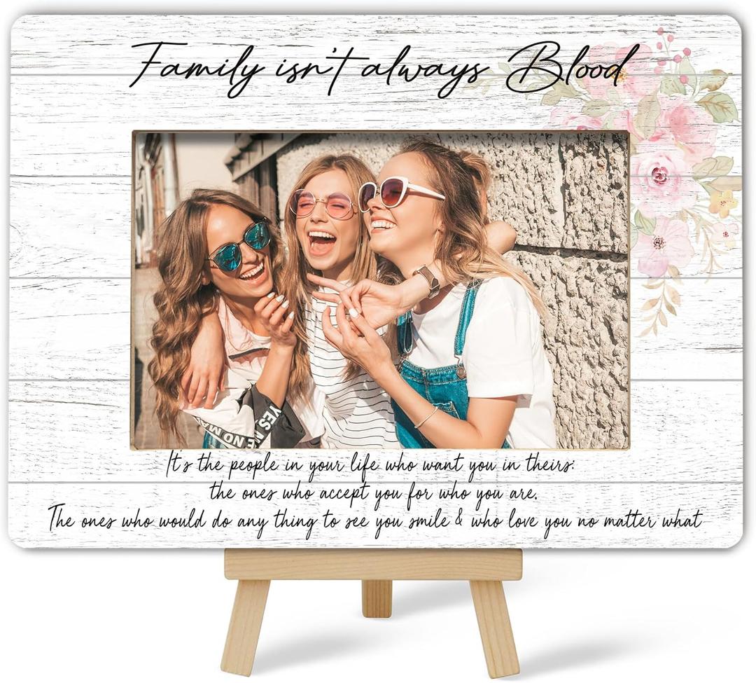 Best Friend Picture Frame, Family Isn't Always Blood Friends Picture Frame, Rustic Floral Family Photo Frame, Bestie Birthday Graduation Friendship Gifts Ideas, Home Office Tabletop Decor-f06