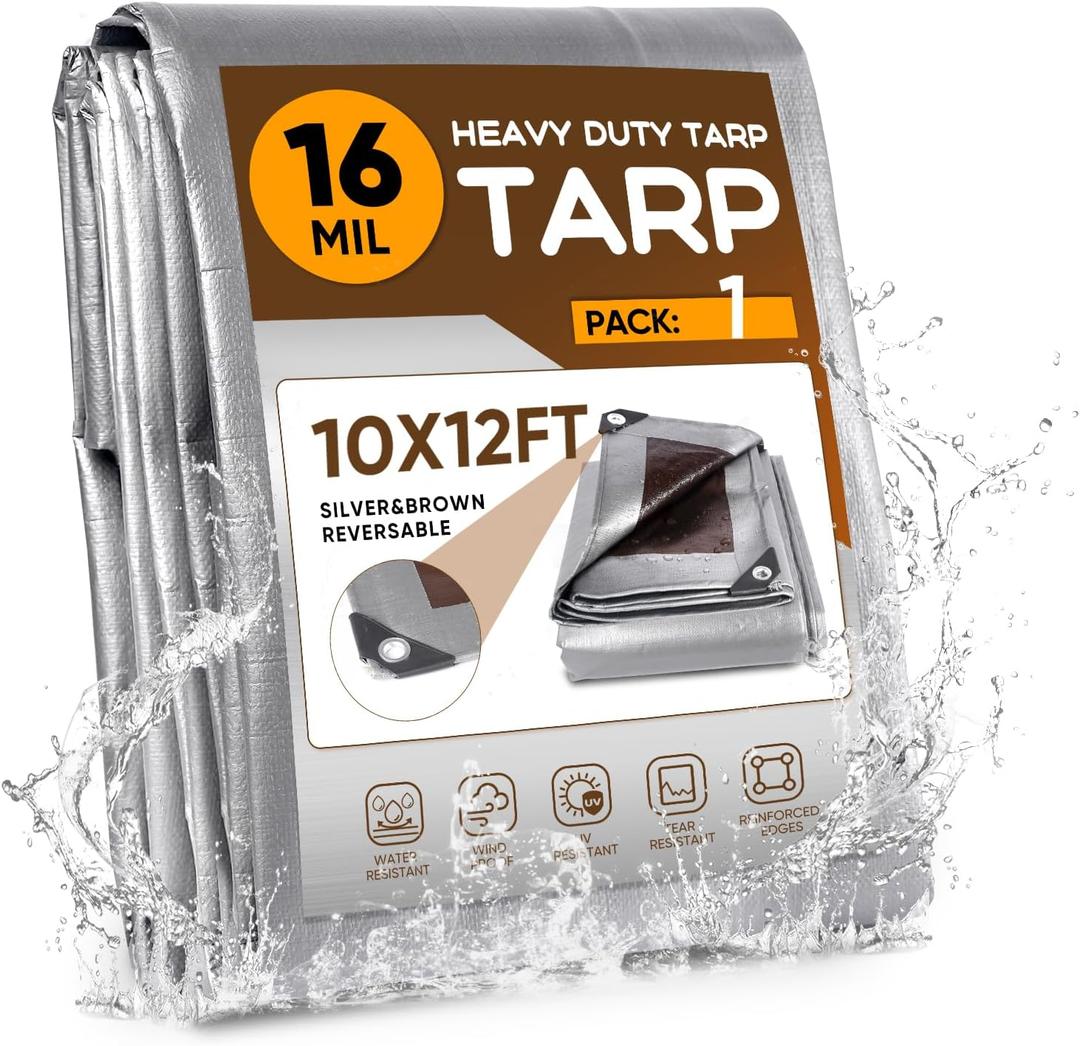 Tarp 10x12FT,16 Mil Heavy Duty Tarps,Waterproof Tarp with Grommets and Reinforced Edges,Tear & Fade & UV Resistant,Multipurpose Poly Tarpaulin for Pool,Car,Firewood,Boat(270GSM,Silver/Brown)